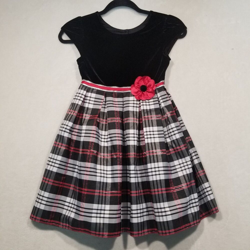 Jona Michelle Girls 7Y Dress Black Velvet Top Plaid Tie Waist Petticoat Holiday